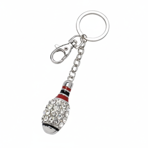 Portachiavi a forma di birillo da bowling in cristallo con strass, catena e chiusura tono argento per auto o borsa - Product Image 2