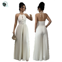 Combinaison Pantalon à Bretelles Halter Style Européen et Américain, Dos Nu Plissé, Décoration Nœud à la Poitrine, Coupe Large Grande Taille pour Occasions Professionnelles