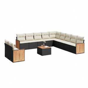 Ensemble de canapés de jardin en rotin noir avec coussins crème, 10 places, mobilier d'extérieur, structure en teck, design contemporain - Product Image 1