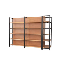 Rak Display Dua Sisi Modern Rustic Hitam Logam Motif Kayu untuk Supermarket, Butik & Toko Swalayan