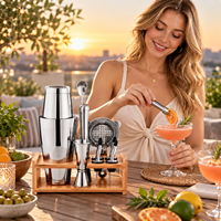 Ensemble Boston Shaker en acier inoxydable avec double récipient, support en bambou à étagère ouverte, passoire perforée et doseur – Idéal pour bar à domicile, fête ou cadeau