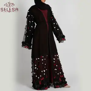 Vestido Muculmano Por Atacado Modern Design Nieuwe Maxi Dames Borduren Mesh Vrouwen Open Abaya Groothandel Moslim Jurk