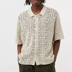 Oem कस्टम बुना हुआ बटन अप फीता टी शर्ट गर्मियों सांस बारी-नीचे Mens शर्ट के लिए लोगो पैटर्न Crochet शर्ट्स पुरुषों
