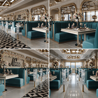 Ensemble de mobilier de restaurant de luxe : banquettes en velours vert sarcelle avec finitions dorées, tables blanches – Idéal pour la restauration fine et moderne (vente en gros)