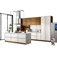 Îlot de cuisine ARET de luxe en bois blanc mat avec dessus en pierre et éclairage LED OEM