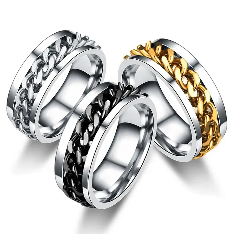 Rotate Rotating Anxiety Fidget Rings Titanium Stainless Steel Chain Spinner Finger Ring For Men Blue Gold Color Black Punk Rock