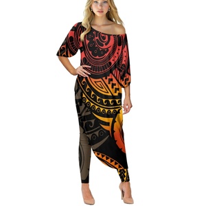 Completo Due Pezzi Casual di Alta Qualità per Donna, Stile Tribale Polinesiano Samoano con Stampa <span class=keywords><strong>Elei</strong></span>, Top Lungo a Spalle Scoperte - Product Image 3