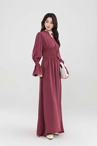 Скромное элегантное мусульманское Женское Платье макси с V-образным вырезом и высокой талией, с длинным рукавом, настраиваемая ткань - Product Image 4