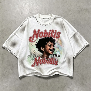 T-shirts personnalisés en coton épais avec logo et impression <span class=keywords><strong>graphique</strong></span>, coupe courte, effet vieilli, strass, délavé à l'acide, coupe carrée, faible MOQ, fabricant - Product Image 4