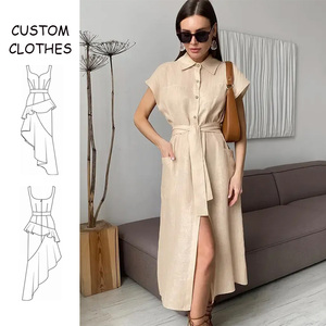 ODM décontracté crayon à manches courtes Maxi long col rabattu bouton ceinture Empire été solide lin coton mélangé chemise robes femmes - Product Image 1