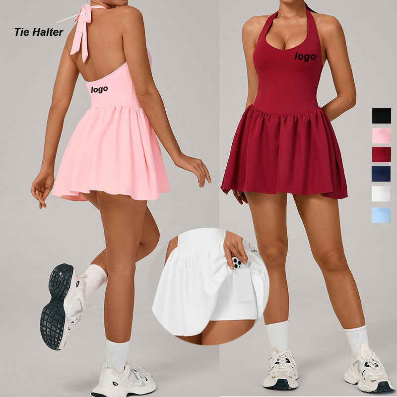 Customised Sportswear Gym Outfits Halter Pleated Tennis Wear High Elastic Sleeveless Yoga Dress Quick Dry Gym Fitness Sportswear