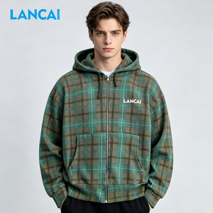 Custom Men New Waffle Thermal Hoodie Fleece Vintage Washed Design All Plaid Print <b>Zip</b> <b>up</b> <b>Jacket</b> With Waffle Knit Hoodie for Men - Product Image 2