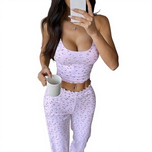 Ensemble pyjama floral pour femmes, sans manches, avec bretelles, pantalon de détente, respirant, en tricot doux, vêtements de nuit - Product Image 4