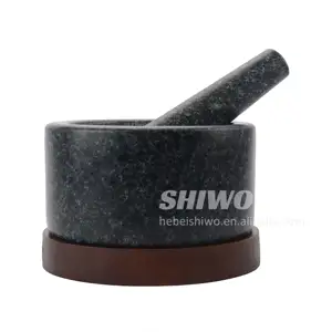 Mortar and Pestle for Grinding and Crushingr,Hand Carved from Natural Granite,Granite Mortar and Pestle with wood base