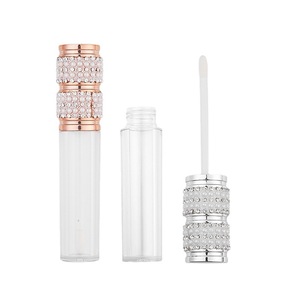 Tubo de brillo labial vacío con decoración de perlas y diamantes de imitación, envase de maquillaje de plástico transparente de doble capa redondo para tinte labial. - Product Image 4