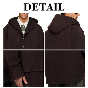 KingSen Men's Layered Design Oversized Hooded Jacket Vintage Washed Heavyweight Cotton Twill Workwear Style Streetwear Coat - Product Image 6