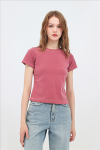 Camiseta básica de algodón para mujer, Camiseta básica de manga corta con cuello redondo <span class=keywords><strong>rosa</strong></span> ajustada para verano, Camiseta básica fina para niñas y bebés - Product Image 6