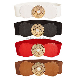 Cintura elastica larga <span class=keywords><strong>Beige</strong></span> con fibbia rotonda in metallo dorato alla moda - Product Image 2