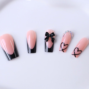 Kit de 24 faux ongles à presser en ABS <span class=keywords><strong>noir</strong></span> moyen <span class=keywords><strong>avec</strong></span> bordure, décoration 3D nœud papillon et <span class=keywords><strong>strass</strong></span> pour les doigts - Product Image 3