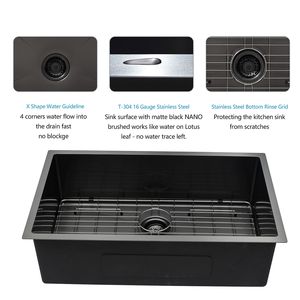 Fregadero de Cocina de un Solo Tazón, 33x19x, de Acero Inoxidable Negro Mate, Diseño Rectangular Contemporáneo, para Instalar Bajo Encimera - Product Image 5