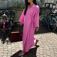 Robe Coton Rose Ample Décontractée, Pyjama Chic Col Revers Manches Longues Longueur Cheville, Robes Élégantes à Lacets pour Femme