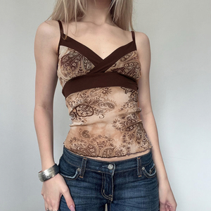 Top Camisero sin Mangas con Paneles de Malla Transparente y Estampado Floral Vintage Y2K, Transpirable, con Contraste de Color, para Verano, Estilo Urbano, Venta al por Mayor - Product Image 2