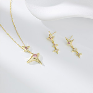 Collar con colgante de estrella de cuatro puntas de circonita rosa tallada redonda en plata de ley S925 y oro de 14k, versión de cobre personalizable para mujer - Product Image 4