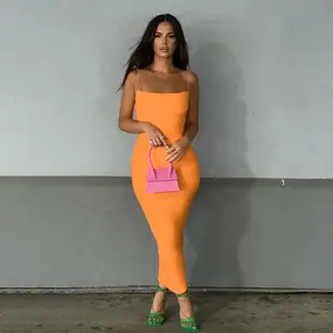 Mouwloze Mode Sexy Slip Effen Kleur Zomer Casual Jurken Eenvoudig Natuurlijk Breien Volwassenen Volwassen Midi Sexy Jurk Voor Vrouwen