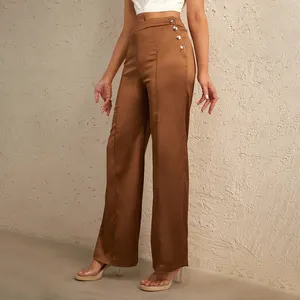 D & M, женская одежда, женские брюки, модные широкие брюки, женские атласные брюки с высокой талией и пуговицами