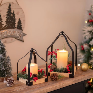 Juego de Portavelas de Metal Rústico y Madera, Farol Decorativo Estilo Granja para Comedor, Bodas y Decoración del Hogar - Product Image 6