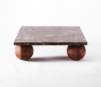 Salon de luxe déco poussiéreuse ronde Emperador marbre canapé Table en bois de hêtre base boule plateau en pierre naturelle table basse faite à la main