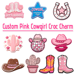 Adornos personalizados de PVC para zapatos con diseño de vaquera rosa, estilo western y rodeo, y decoraciones lindas de sombrero y bota de vaquero. Venta al por mayor, directo de fábrica, a granel. - Product Image 1