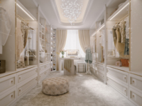 Dressing sur mesure de luxe français, armoire avec portes vitrées et finitions dorées, éclairage LED, dressing pour chambre à coucher