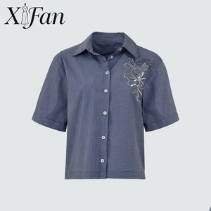 เสื้อเชิ้ตผ้าคอตตอน100% เรียบๆปักลายลูกปัดสำหรับผู้หญิงเสื้อเบลาส์เข้ารูปแบบลำลองสำหรับฤดูใบไม้ผลิฤดูร้อน - Product Image 6