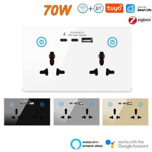 70W Tuya WiFi & Zigbee tipe-c pengisian daya Cepat 13A soket dinding UK ganda pintar dengan 2 Gang Panel kaca 220V 2 outlet AC - Product Image 6