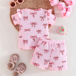 Conjunto de Dos Piezas con Lazo para Bebés Niñas, Ropa Casual de Verano, Transpirable, con Mangas Cortas con Volantes y Estampado de Lazos - Product Image 2