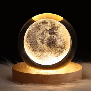 3D Solar System Crystal Ball Night Light LED Base Wooden Dimmable 3.15" Laser Engraved Astrophysics Universe Crystal Globe Ball