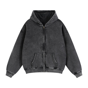 Sweat à capuche zippé en molleton épais 355 GSM, coupe droite, brodé, délavé, pour homme, épaules tombantes, streetwear premium, XL - Product Image 3