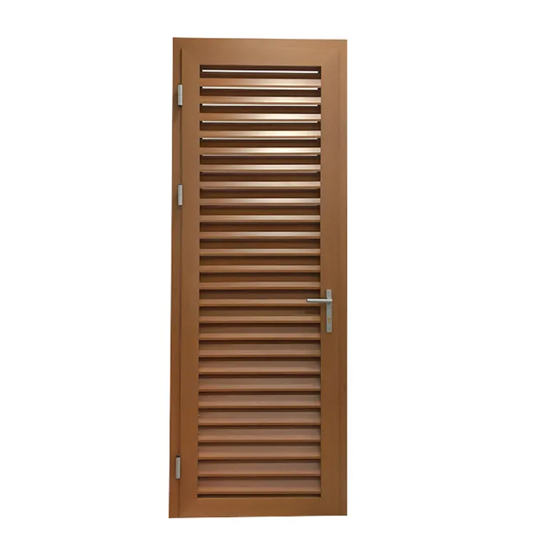 Puerta de aluminio de madera, color francés, diseño de persiana para ventilación y seguridad