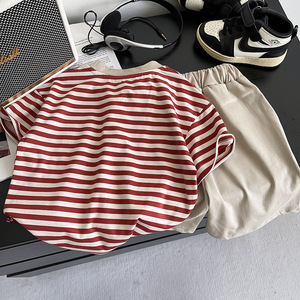 Conjunto de <span class=keywords><strong>Ropa</strong></span> de Verano 2025 para Niños, Informal, de Dos Piezas, con Cuello a Rayas, Manga Corta y Pantalones Cortos, de Algodón, a la Moda - Product Image 4