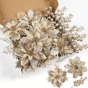Gold <b>Glitter</b> Artificial Poinsettia Flower Heads Christmas Tree Ornaments Arranging Wreath Holiday Decorations Christmas Factory - Product Image 4