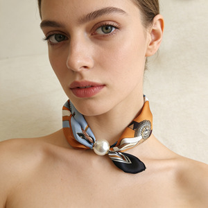 Silk <b>Square</b> <b>Scarf</b> With Horse Print Pearl Pendant Magnetic Closure Spring Summer Fashion Women's Accessory - Product Image 2