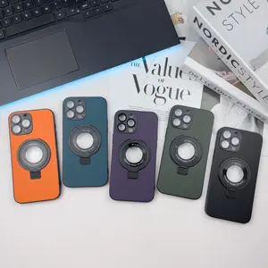 Dark Purple Leather Phone Case Magnetic Folding Hidden Holder Tpu Frame With Lens Protection Cover For Iphone 12 13 14 Pro Max
