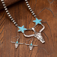 Ensemble de boucles d'oreilles collier tête de vache décor en pierre turquoise bleue style occidental rétro vintage Cowgirl bijoux en cuivre pour les fêtes