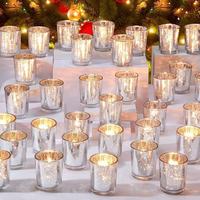 Set Tempat Lilin Votive 12 Buah, Kaca Merkuri Berbintik Biru, Tahan Panas, Logam Berinsulasi, Dekorasi Meja Pernikahan