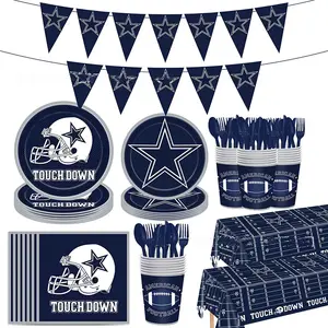 118 pièces fournitures de fête de football américain assiettes serviettes tasses bannière et nappe pour décorations de fête d'anniversaire de Football