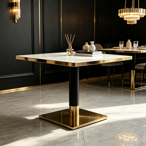 Table à manger carrée moderne avec plateau en pierre frittée et bordure dorée, piétement en métal noir et or pour usage domestique et commercial - Product Image 4