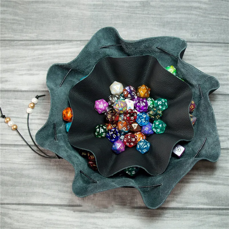Wholesale custom logo cowhide drawstring black dice storage bag special tray dungeons and dragons dice game box dnd dice bag