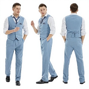 Traje de 3 piezas para hombre, azul claro, de lana peinada, antiarrugas, con chaleco y pantalón de corte recto, formal, para negocios o bodas, de un solo botón, corte ajustado. - Product Image 5
