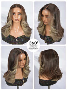 Perruque Bob en cheveux humains bruts vietnamiens blonds <span class=keywords><strong>avec</strong></span> mèches, <span class=keywords><strong>frange</strong></span> rideau effet blowout, sans colle, perruque frontale en dentelle 13x4 pré-coupée <span class=keywords><strong>avec</strong></span> cordon de serrage - Product Image 6